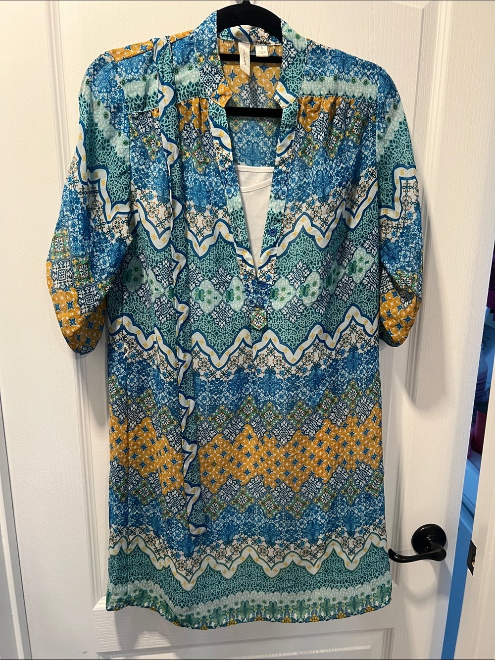 Tacera Blue & Mustard Patchwork Print Tunic